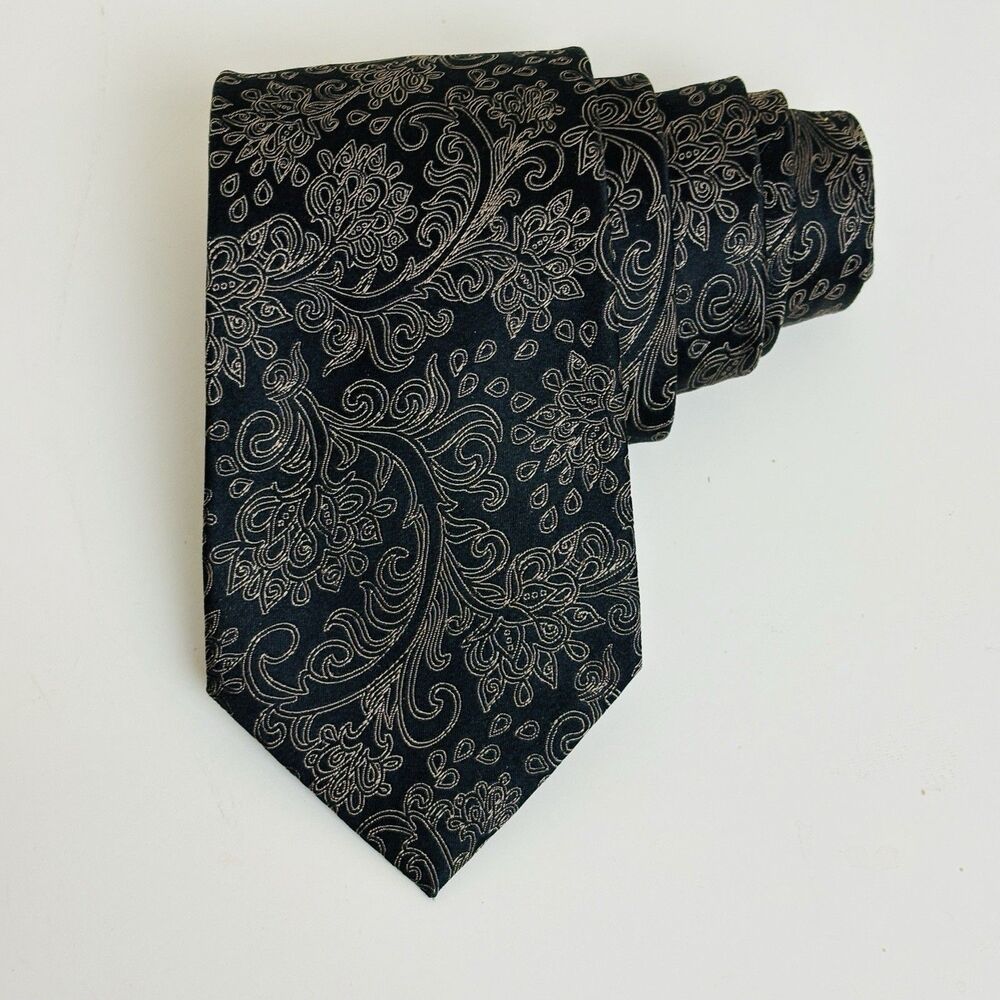 Bespoke Mens 100% Silk Tie Black Gold Paisley Floral Art Nouveau Milan 3.25 x 58